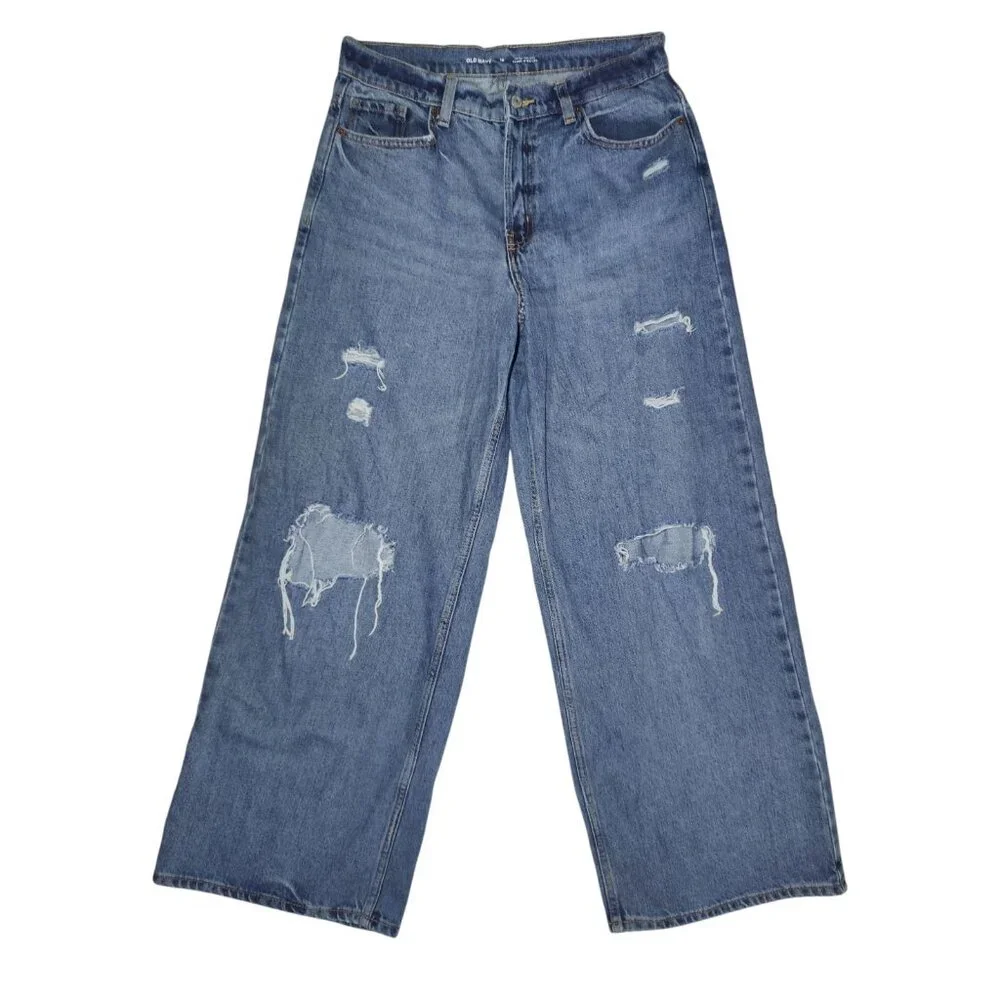 Old Navy Extra-High Rise Baggy Wide Leg Distressed Medium Wash‎ Jeans 10 - Picture 2 of 6